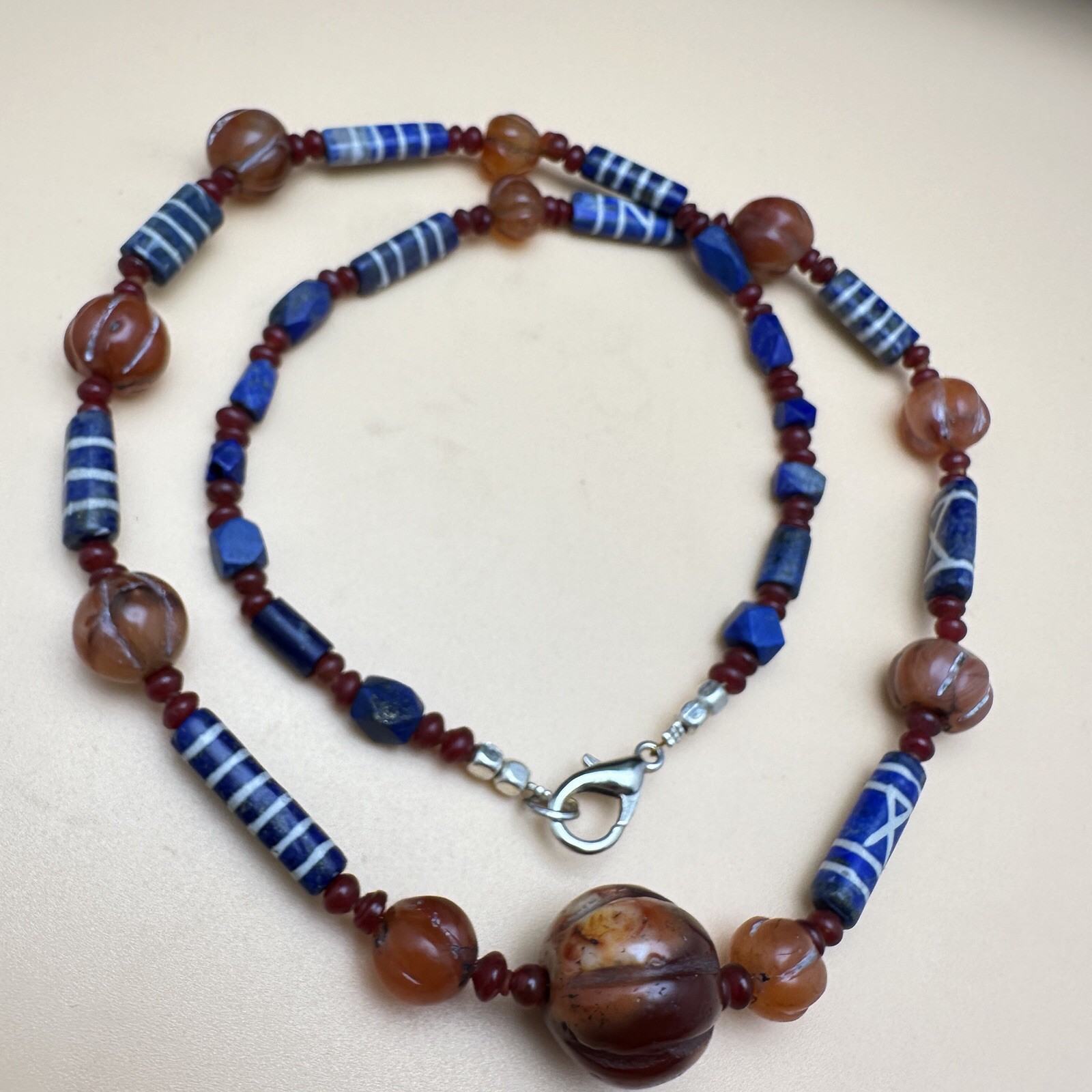 Genuine Antique Etched Lapis Carnelian Pyu Culture Beaded Beautiful Necklace