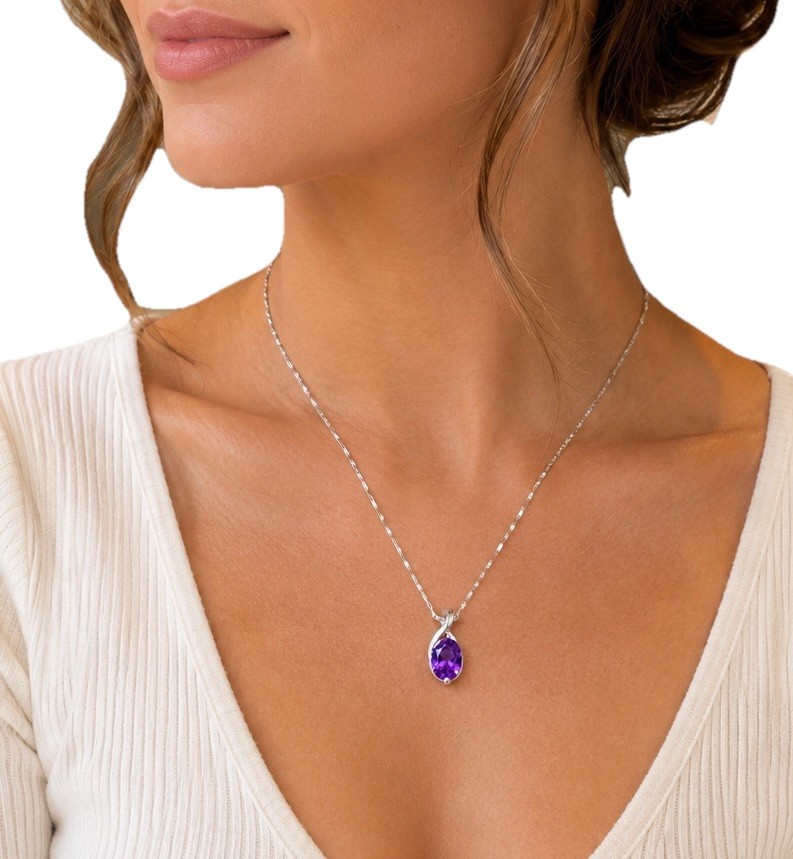 925 Sterling Silver Natural Amethyst Necklace Oval Pendant 18″ Bar Link
