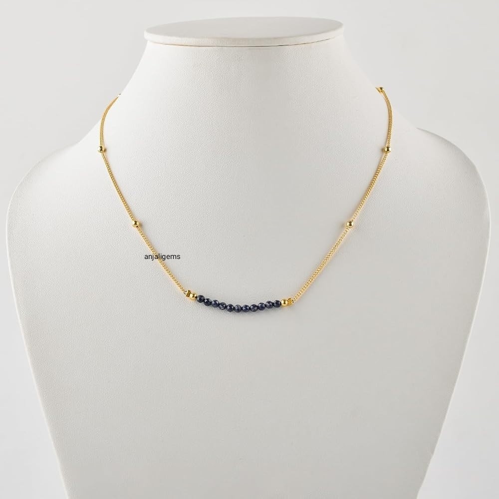 18K Yellow Gold Finished Over AA+ Blue Sapphire Beads Chain Necklace In925Silver