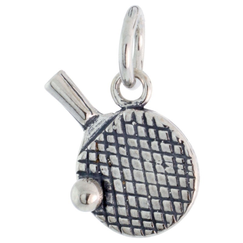 925 Sterling Silver Ping Pong Paddle and Ball Charm Pendant 1/2 (13mm) Inch Tall