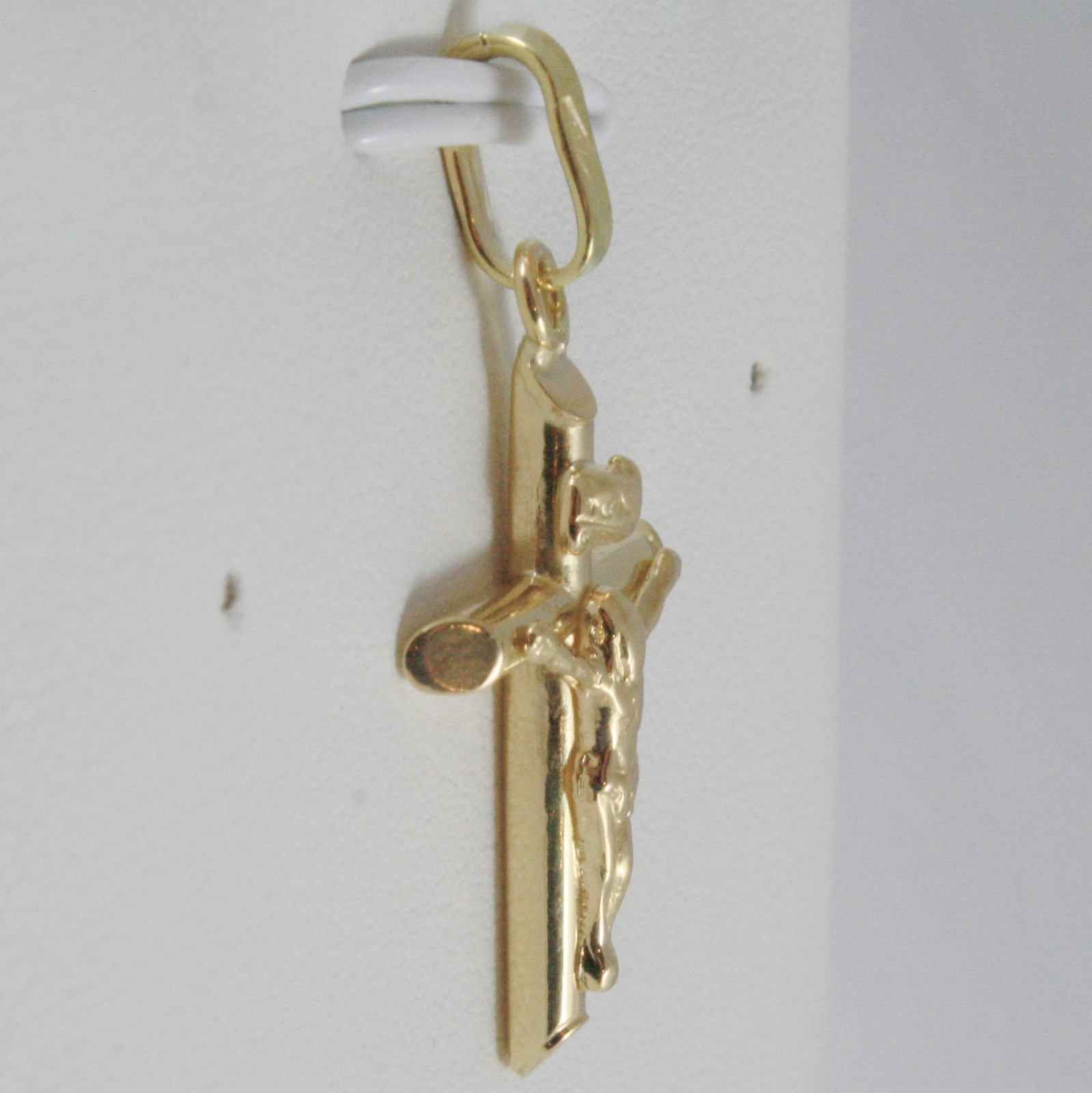 18K YELLOW GOLD CROSS WITH JESUS, ROUNDED TUBE, SHINY 1.22 INCHES, MADE IN ITALY