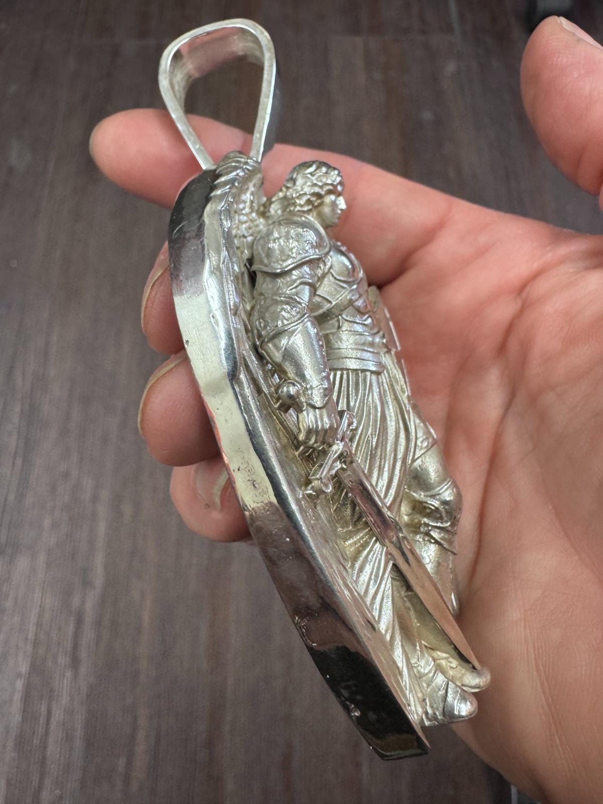 Saint Michael Warrior Angel 4″ Large Heavy Charm Pendant 108.5gm Silver .925