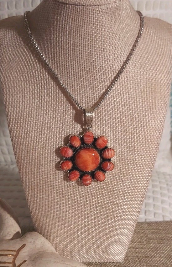 New HUGE Sterling Silver Natural Orange Spiny Cluster Pendant with Chain