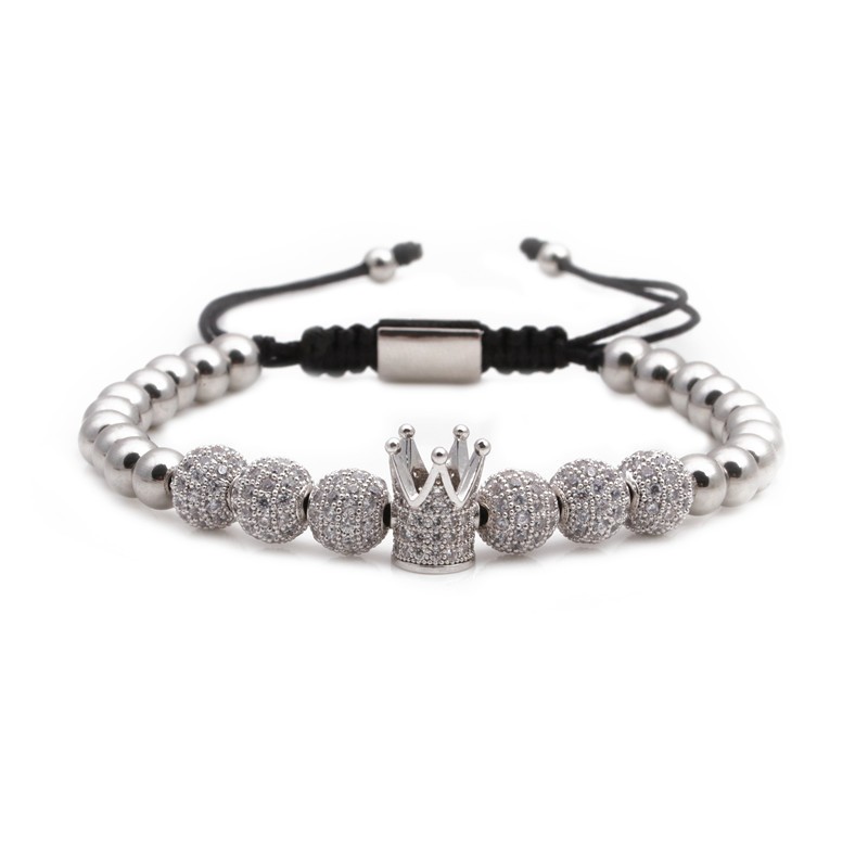 Silver Adjustable Beaded Bracelet Luxury Imperial Crown Men Fashion Jewelry Gift