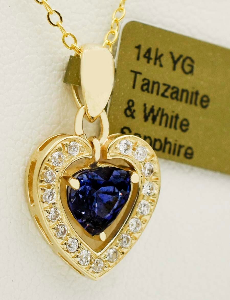 LAB CREATED 0.78 Cts TANZANITE & WHITE SAPPHIRES NECKLACE 14K GOLD – NWT