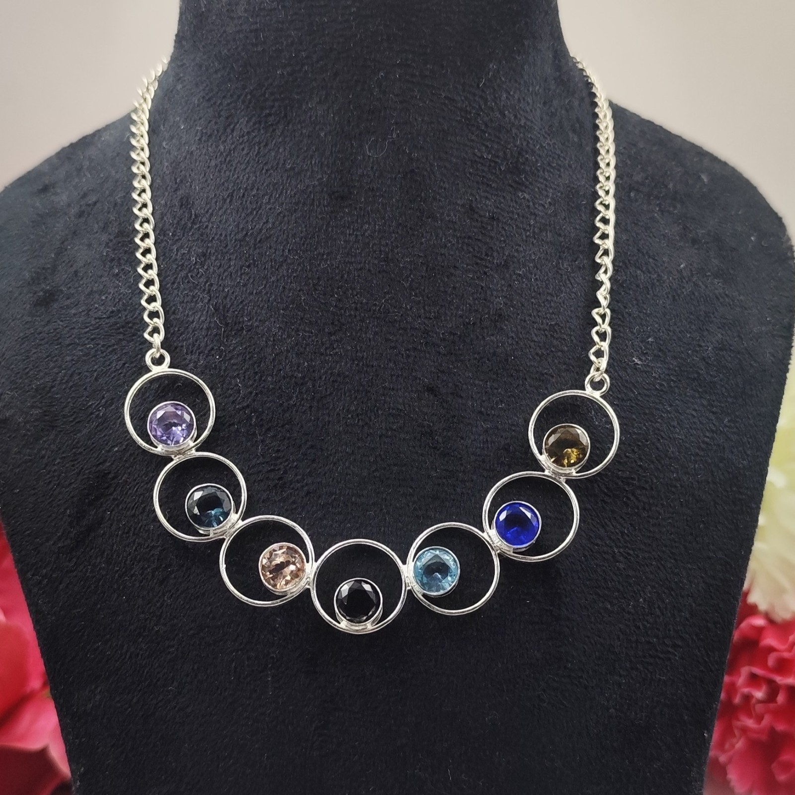 Multi Color Gemstone Handmade 925 Sterling Silver Jewelry Necklace Sz-17-18″