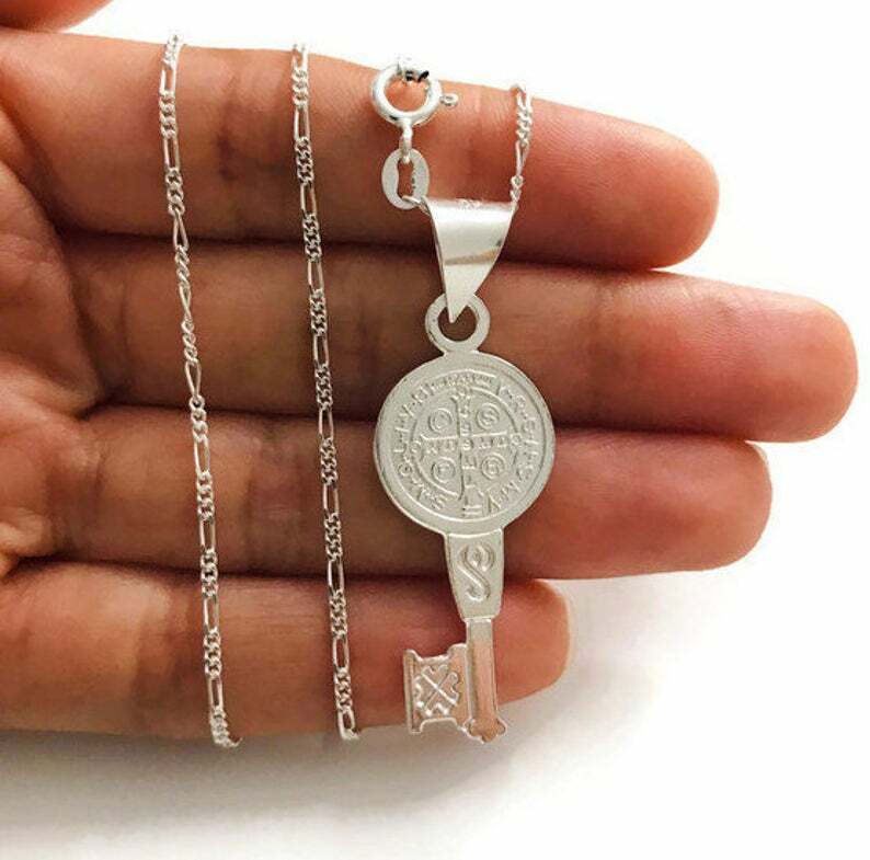 925 Silver Saint Benedict Key Necklace 18″ Long /Cadena San Benito llave – P63-1