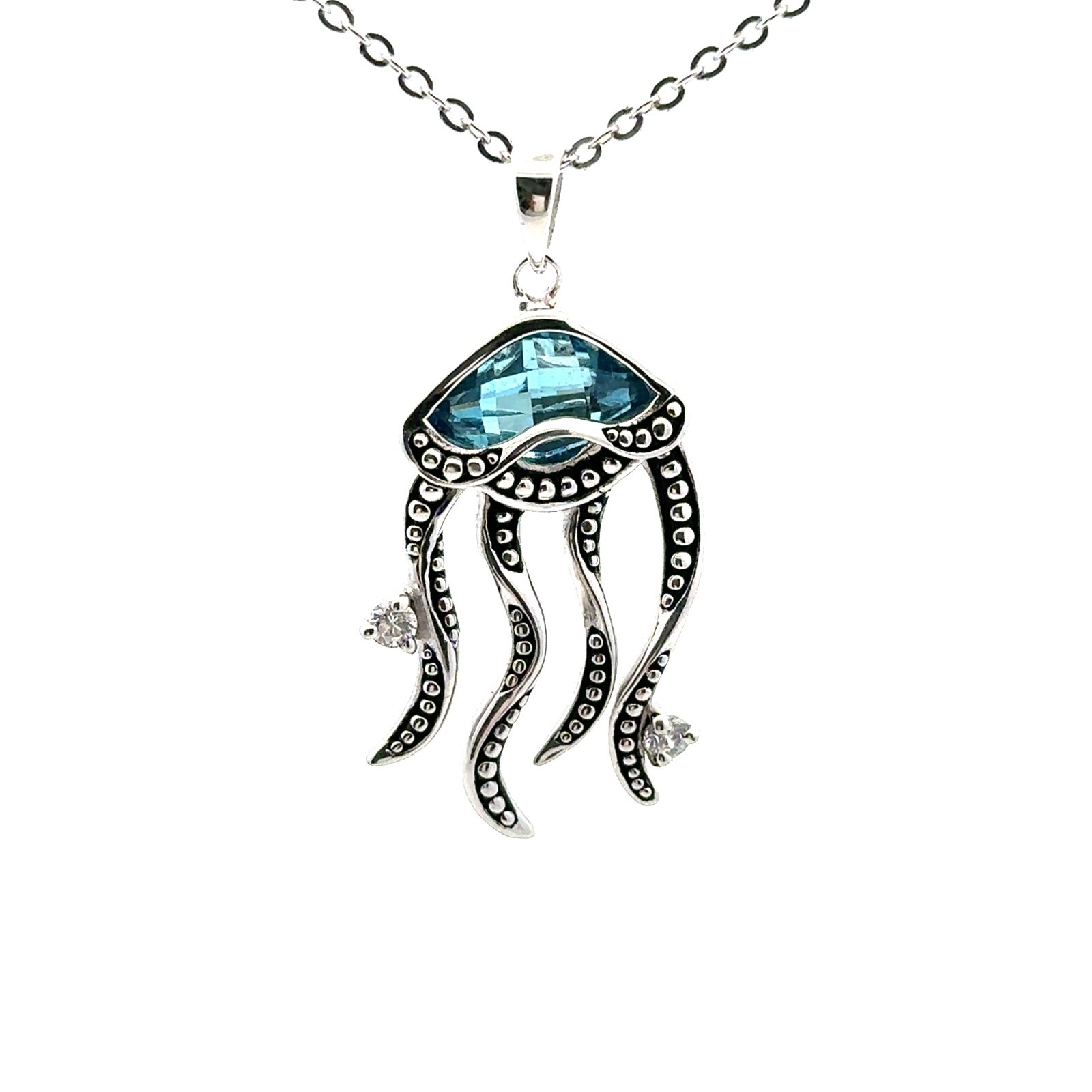Sterling Silver And CZ Jellyfish Necklace (3/4 x 1 1/2 Inch) 18 + 1 In. Extender