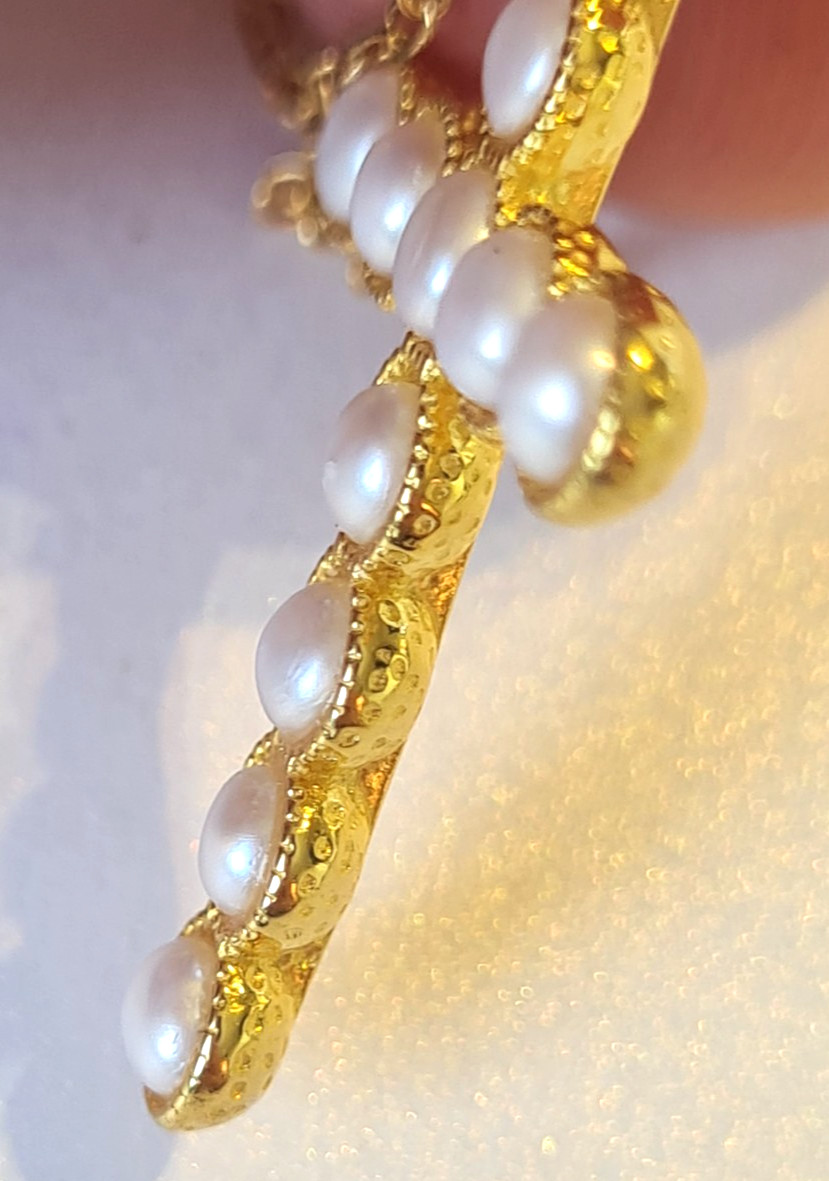 KEZEF Italian Gold over Sterling Silver Real Pearl Christian Cross + Necklace
