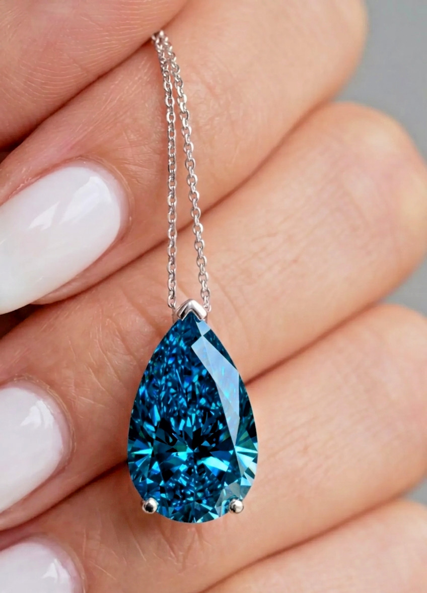 RARE 7 Ct Blue Diamond Solitaire Pendant, Amazing Luster, FREE Studs & Tariffs