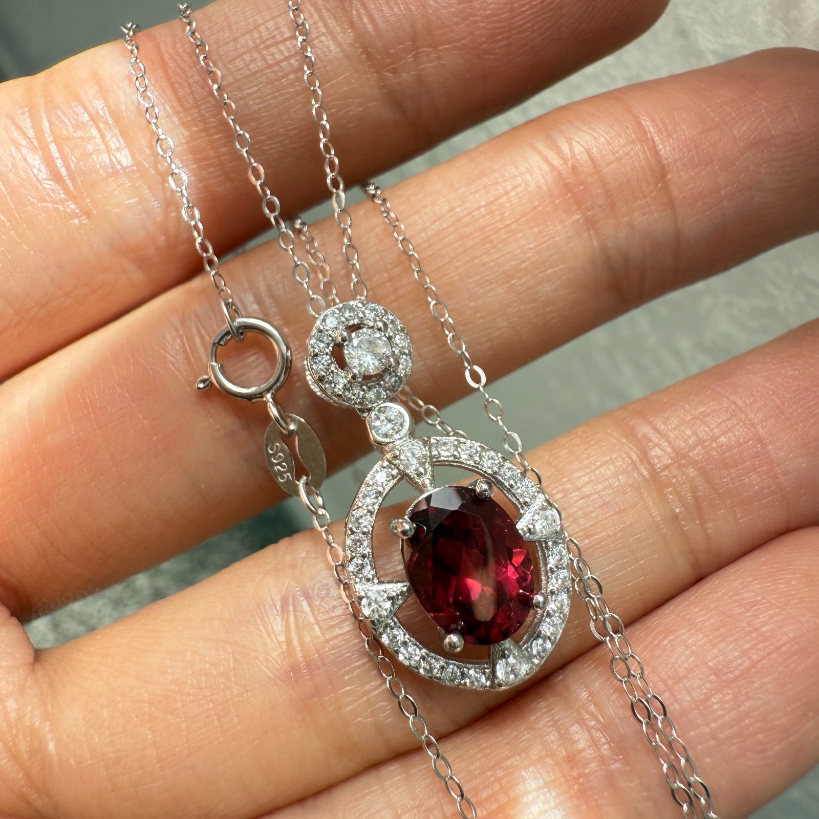 925 Sterling Silver Necklace 8x6mm Natural Garnet Zircon Flower Handmade Chain