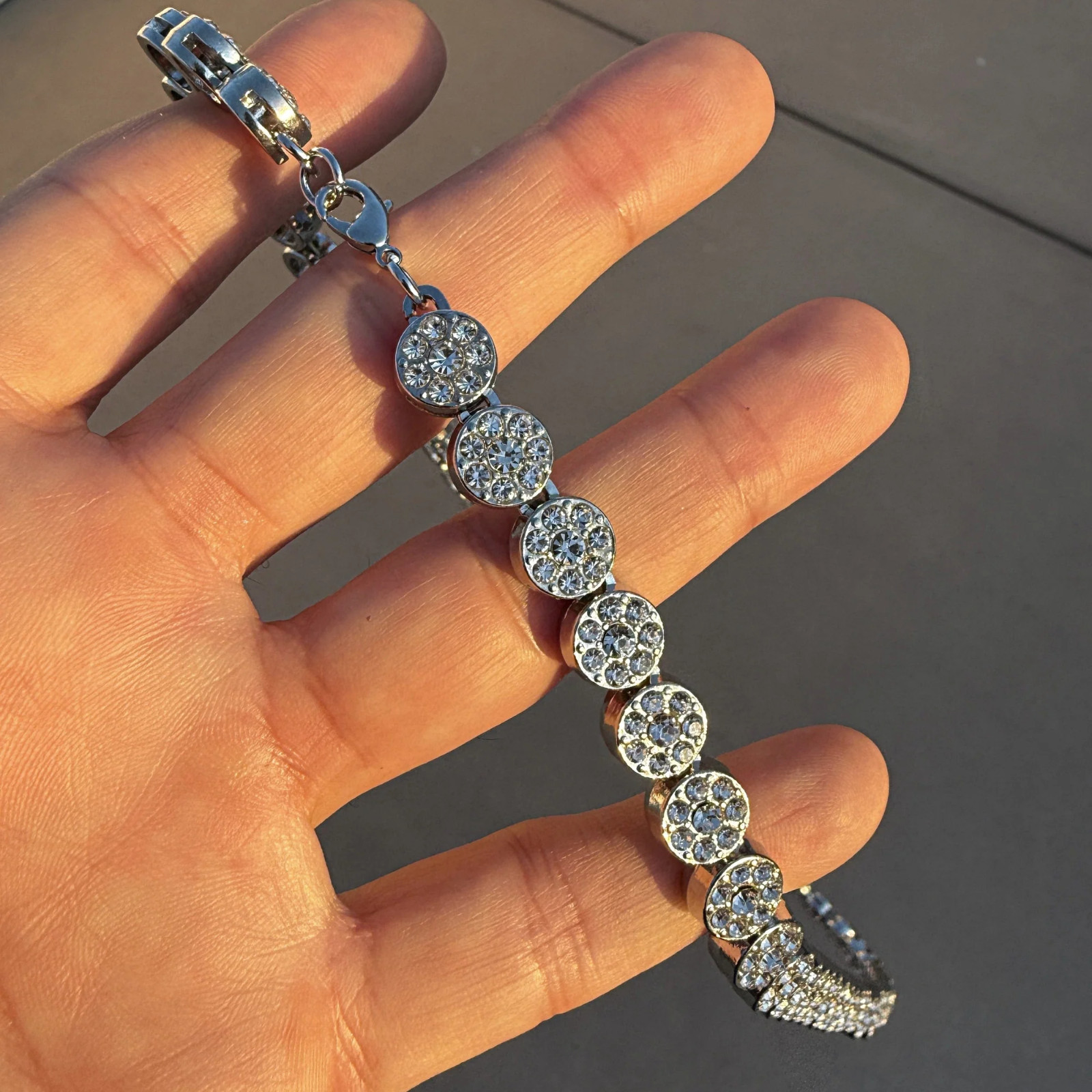 Men’s Flower Cluster Hip Hop Chain CZ Iced Bling Out One Row Silver Tone 36″