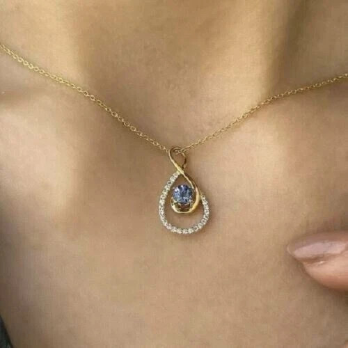1.00Ct Round Cut Blue Tanzanite Solitaire Pendant 14K Yellow Gold Finish Chain