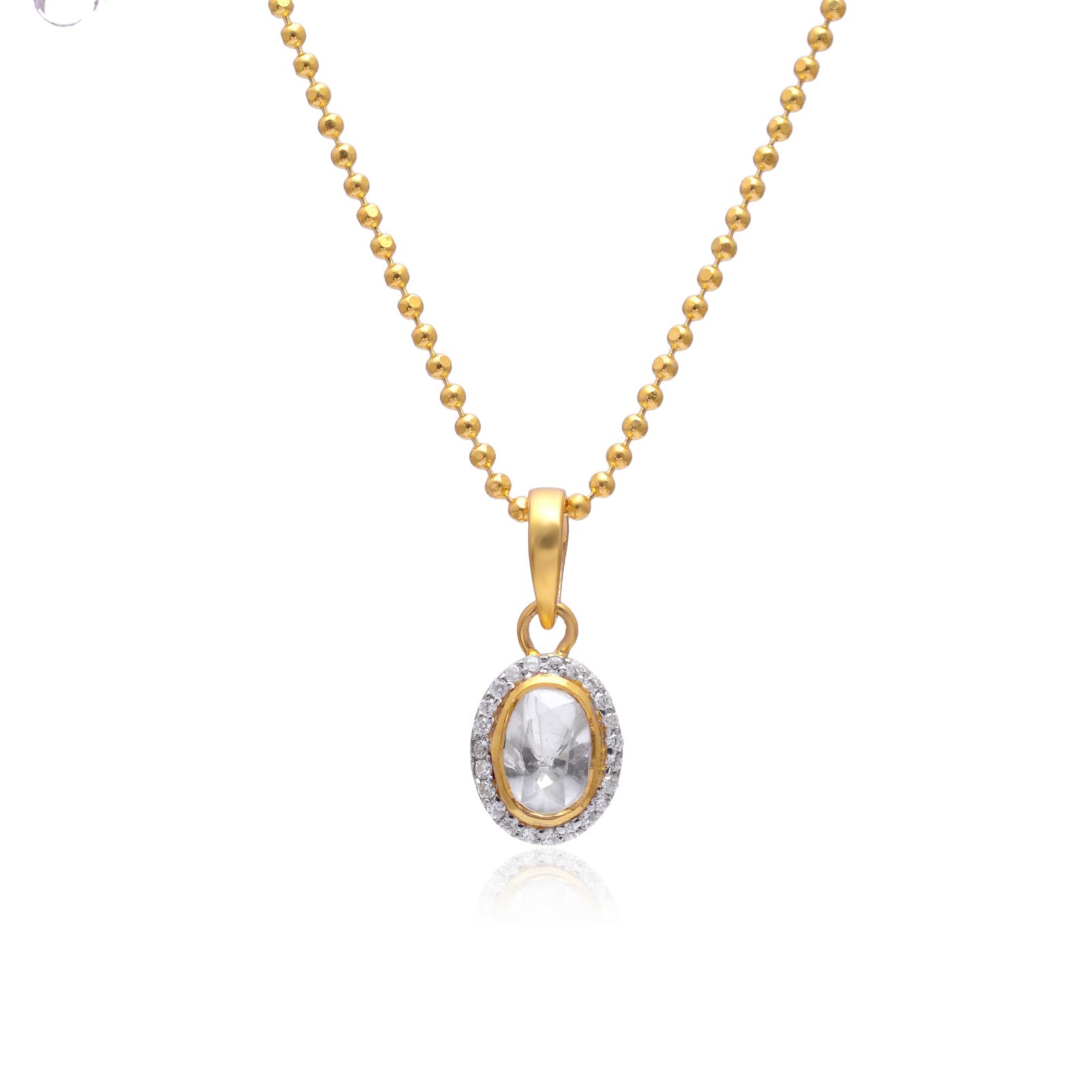 Oval Polki Diamond Pendant Gold Plated 925 Sterling Silver Halo Necklace for Her