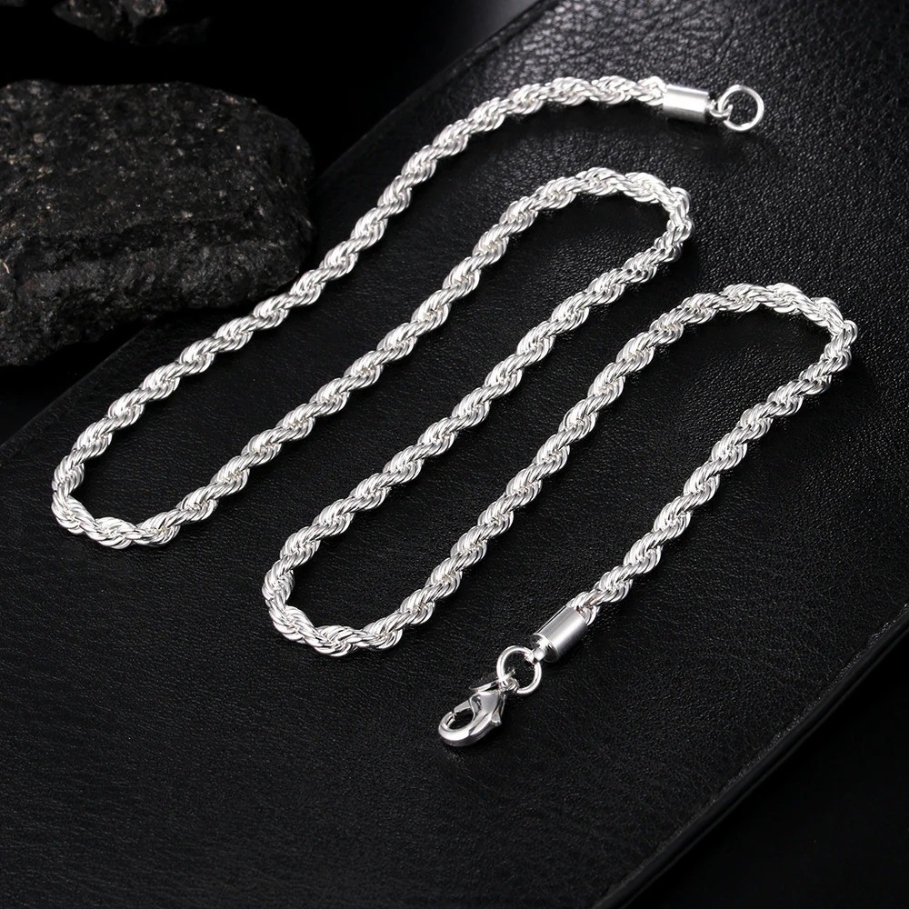 4mm Diamond Cut Solid 925 Sterling Silver Italian Rope Chain Men’s Necklace