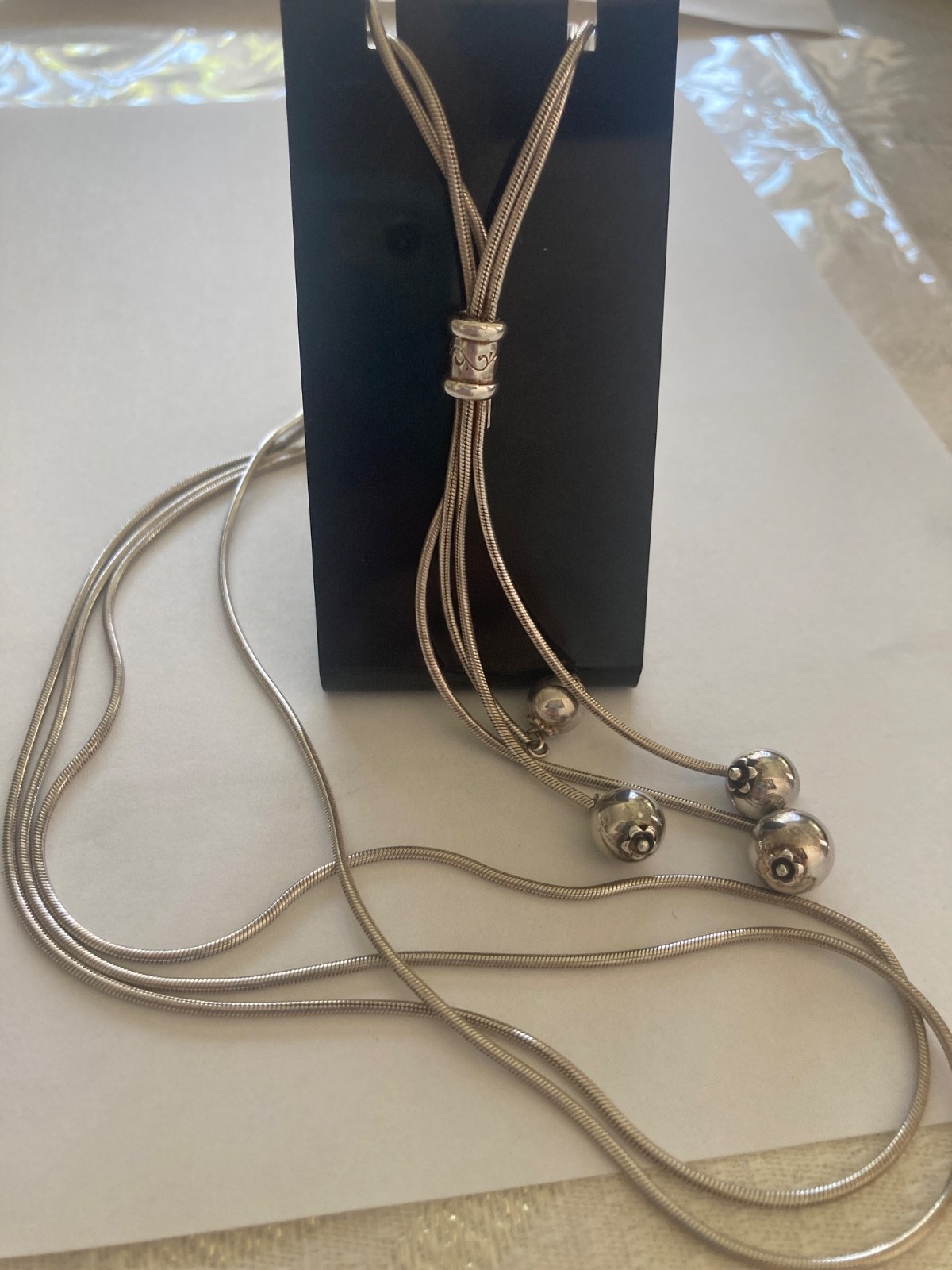 Vtg 925 Sterling Lariot/Bolo Necklace Signed Milor-Snake Chain Ball Tassel