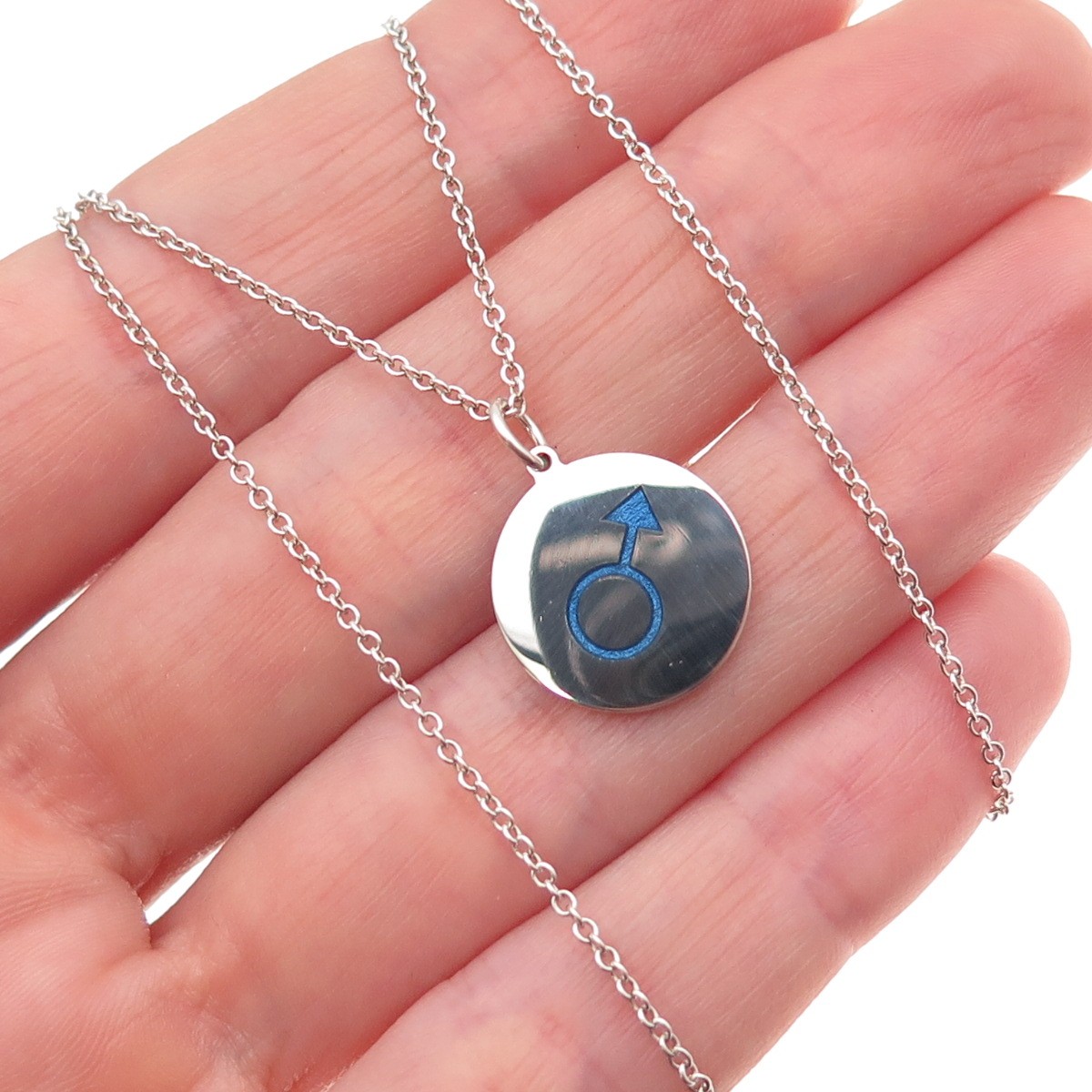 925 Sterling Silver Blue Enamel Male Symbol Round Tag Cable Chain Necklace 18″