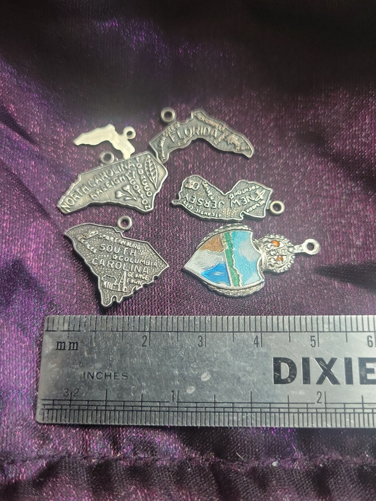 Vintage Lot Of 6 Sterling Silver Lot Necklace Pendant Bracelet State Charms.