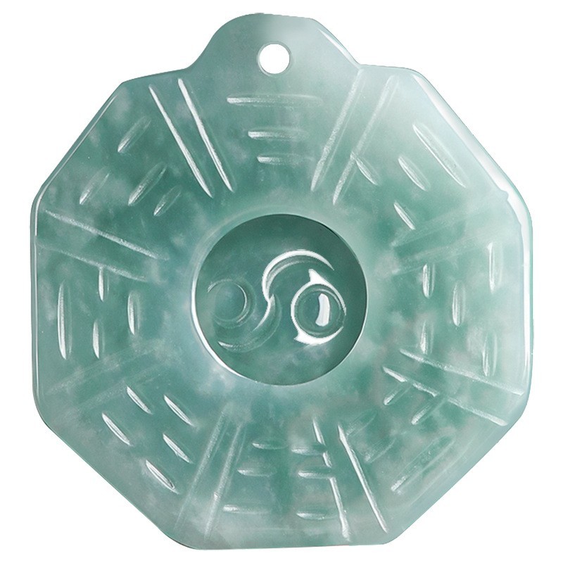 Green Jade Bagua Pendant Necklace Carved Yin Yang Amulet with Red Bead Cord