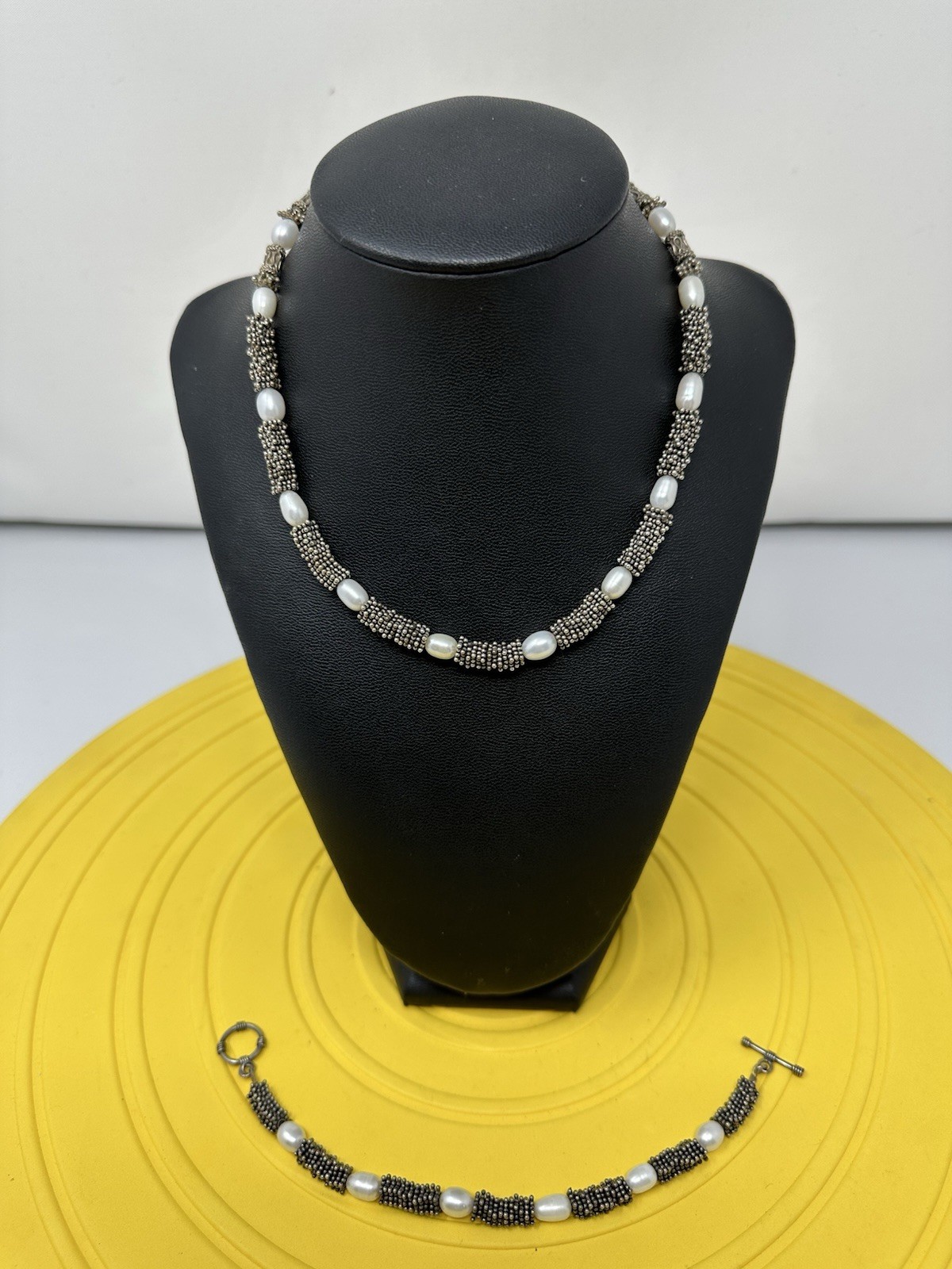 Sterling Silver Natural Pearls Choker Necklace & Bracelet Set Chic 72g 16in 6in