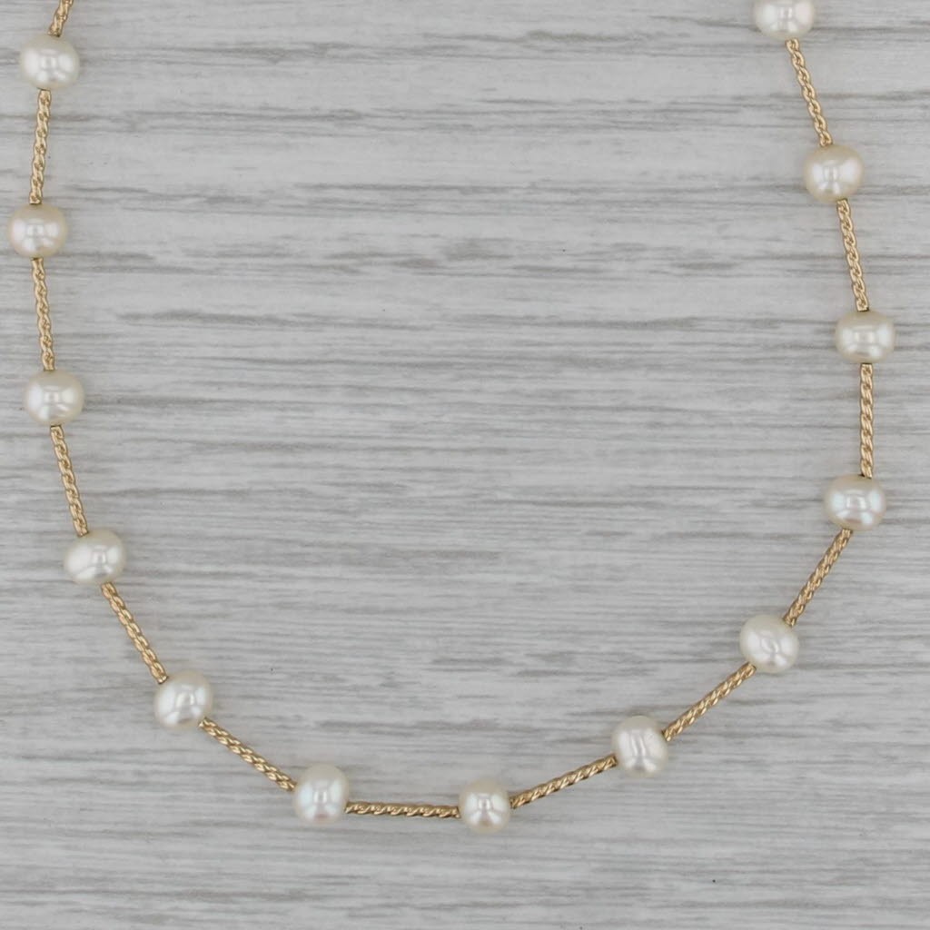 Cultured Pearl Bead Bar Link Necklace 14k Yellow Gold 18.25″