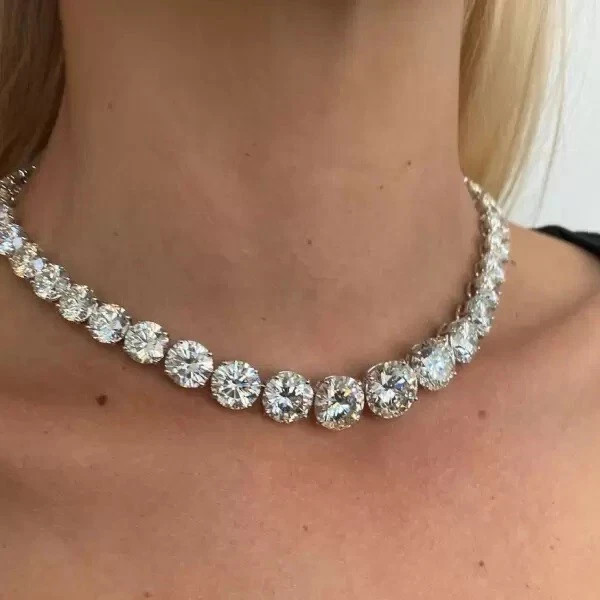 76 Ct Real Moissanite Round Cut Diamond Tennis Necklace 14k White Gold Plated
