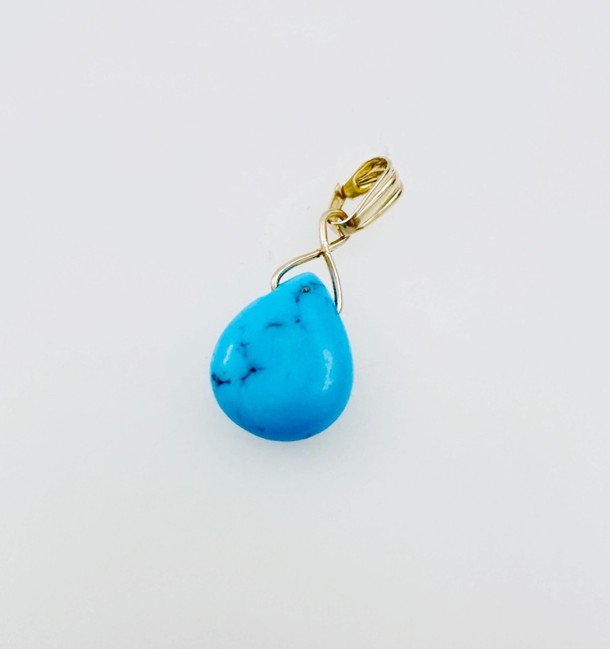 Estate Solid 14K Yellow Gold Pear-cut Teardrop Briolette Turquoise Pendant, .75″