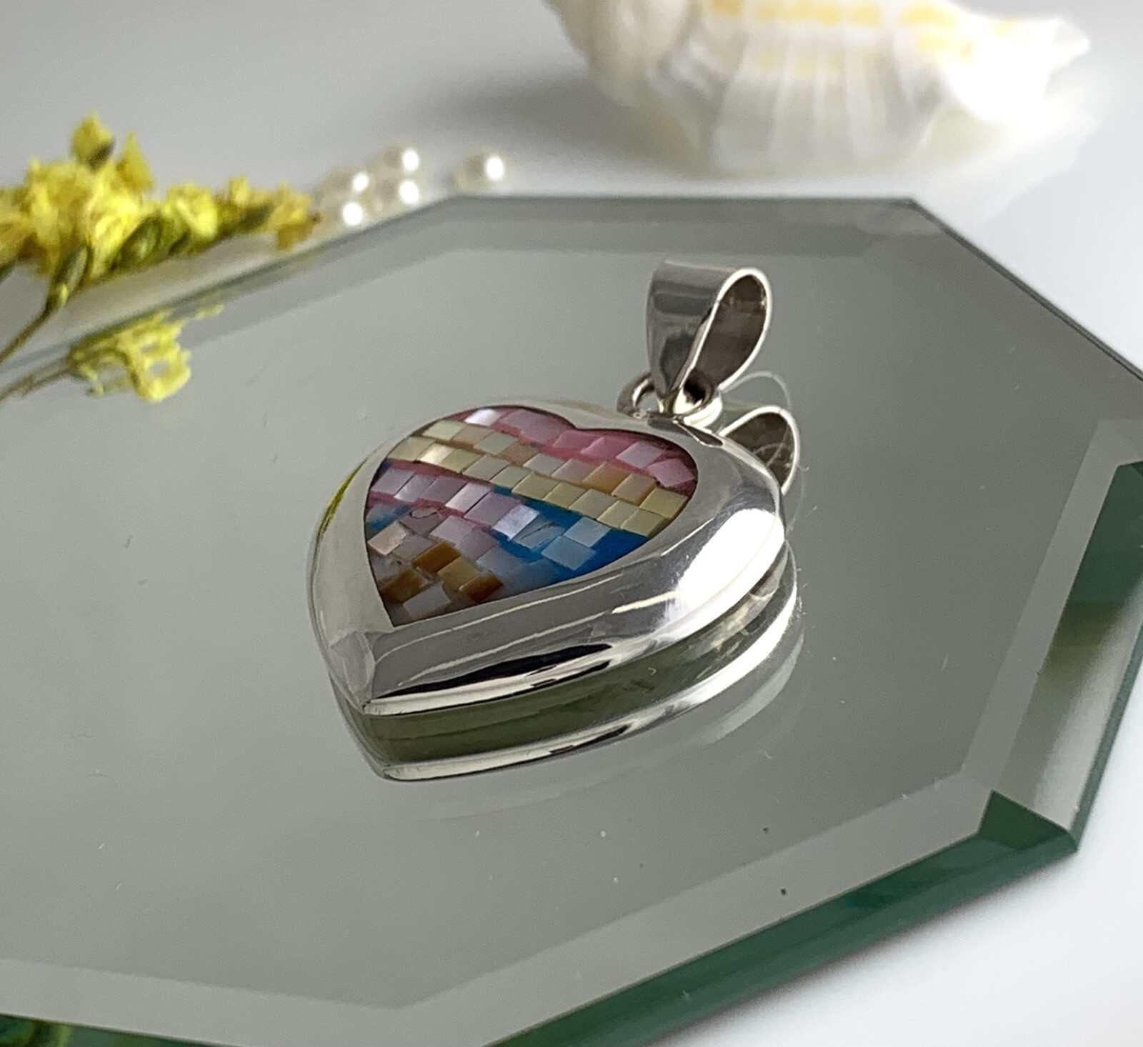 Pendant 925 Sterling Silver HQ Thai ATI Multicolor Mother of Pearl Mosaic Inlay