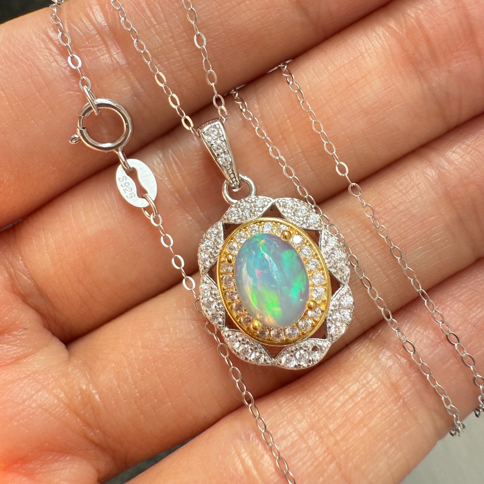 925 Sterling Silver Necklace 8x6mm Natural Opal Handmade Flower Birthstone