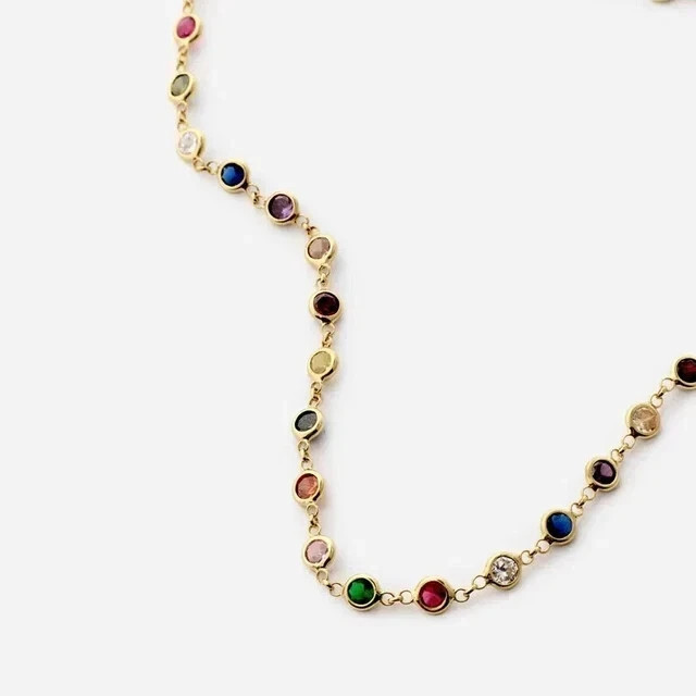 Necklace 7Ct Round Cut Lab-Created Multicolor 14K Yellow Gold Plated Silver 16′