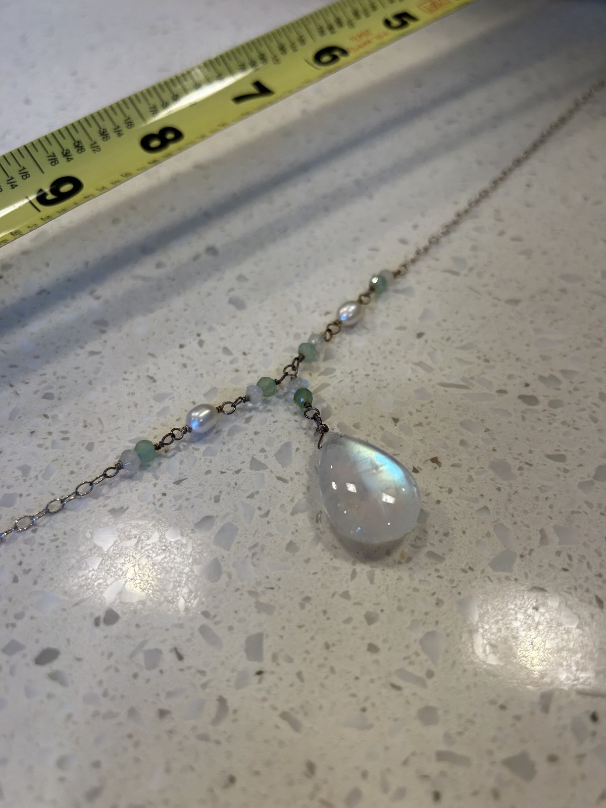 Rainbow moonstone necklace with pearl, aqua chalcedony and sterling silver chain