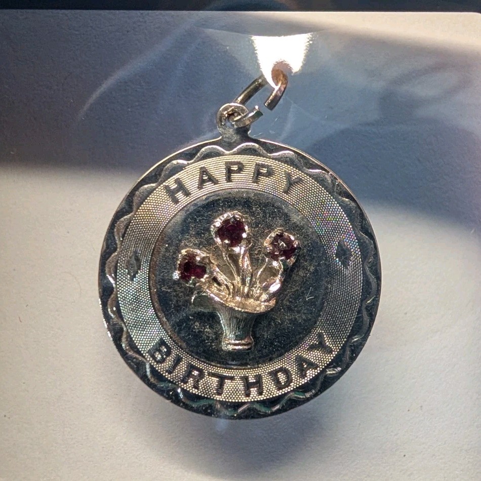 Sterling Silver Birthday Pendant Charm with Ruby Mid-Century Spencer Vintage Gem