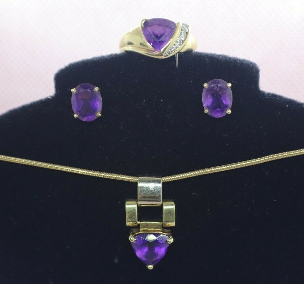 14K Yellow Gold Amethyst & Diamond Ring 6.5, Necklace 16in, & Earring Set. 16.3g