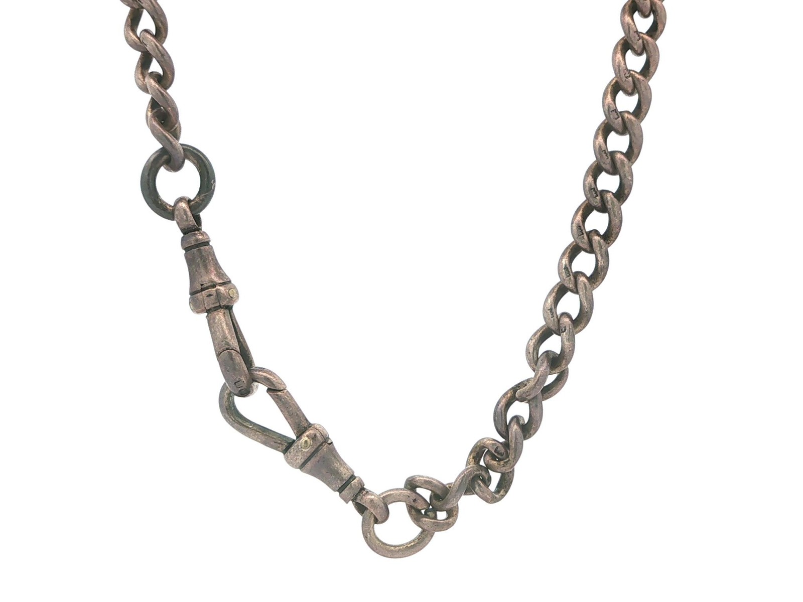 Antique Silver 19.5″ Curb Cuban Link Watch Chain Necklace w/ 2 Dog Clip