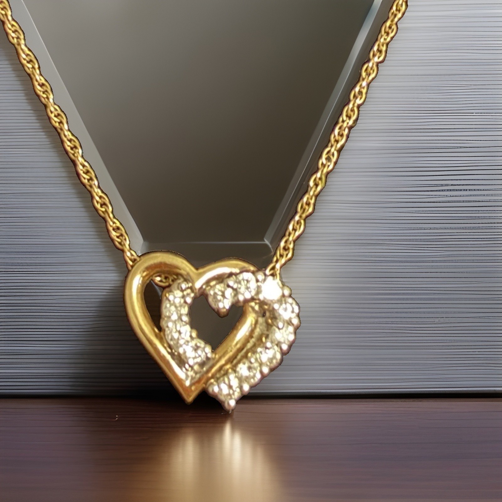 14k Yellow Gold Double Heart Necklace With Natural Diamonds