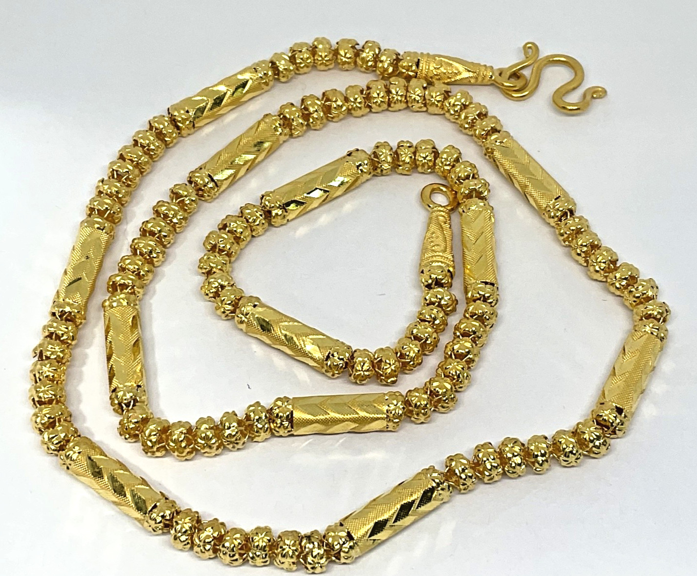 Thai 23K Solid Yellow Gold Bead Bamboo Link Necklace 30.5 Grams Tested 24″ long