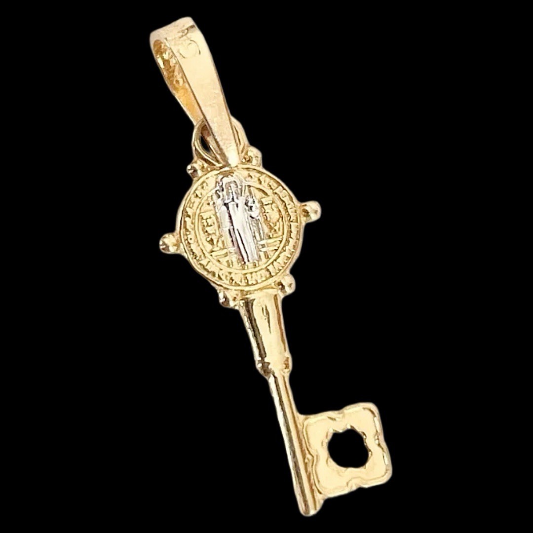 10k Yellow Gold Saint Benedict San Benito Key Pendant 2.4 Cm Made In MEXICO