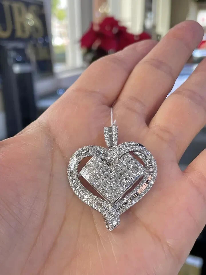3Ct Round Cut Real Moissanite Heart Pendant 14K White Gold Plated Free Chain