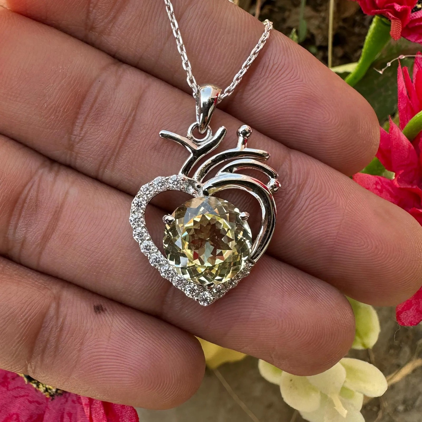 Certified Yellow Sapphire 30 Ct Heart Pendant Necklace 925 Sterling Silver