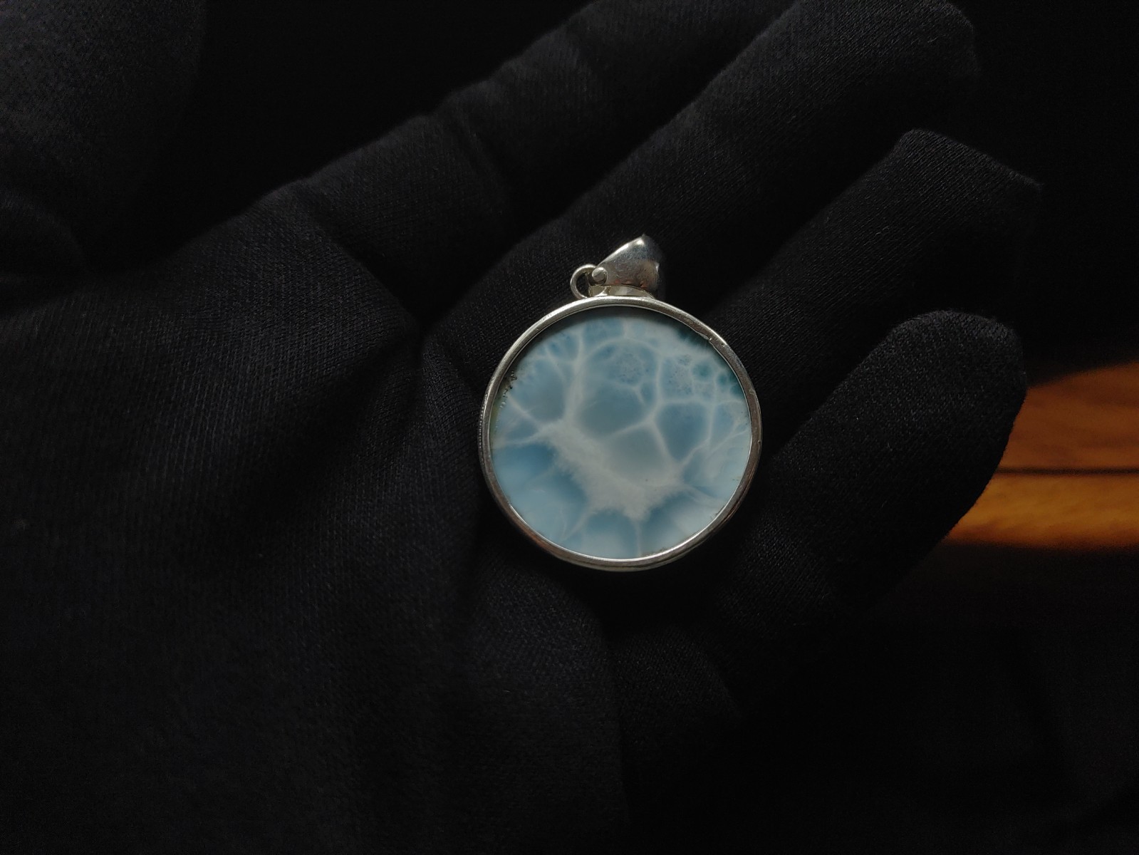 Larimar Circle Pendant- Sterling Silver Setting 23.6 grams