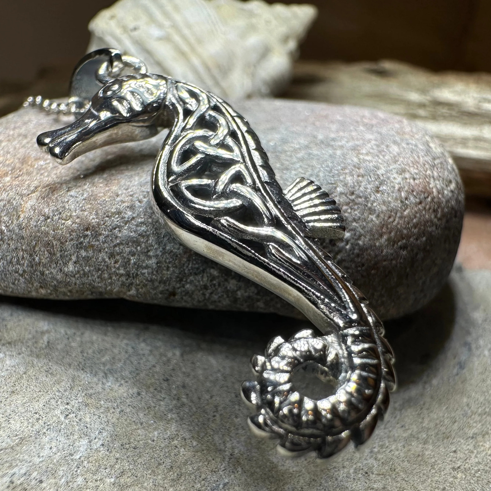 Seahorse Necklace Beach Ocean Large Celtic Ladies Pendant 925 W/FREE CHAIN