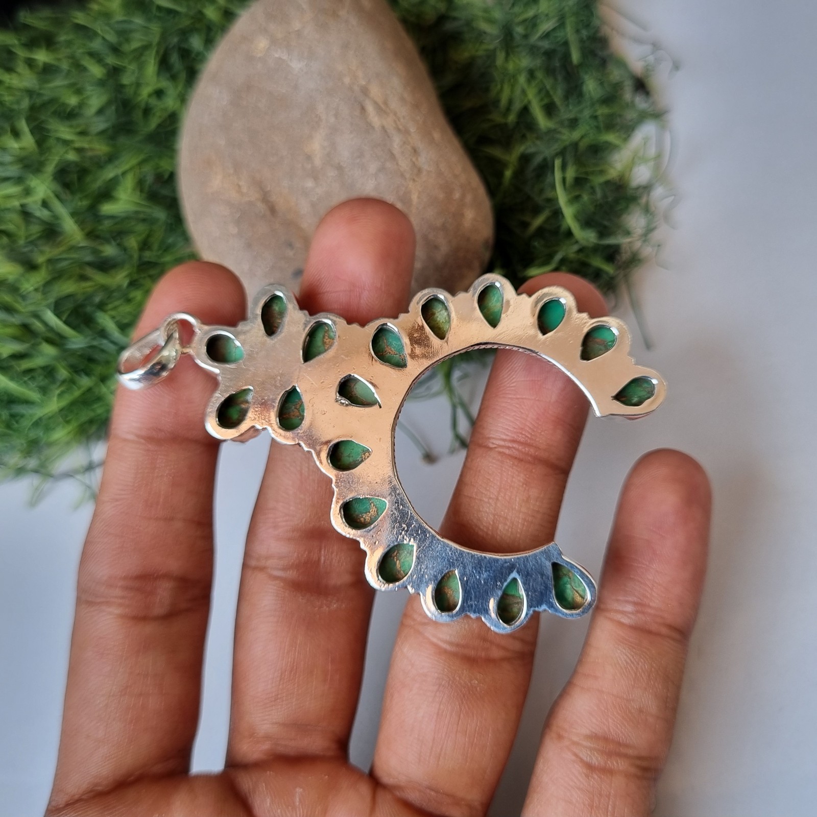 Large Green Copper Turquoise Gemstone Pendant 925 Sterling Silver Gift BT89