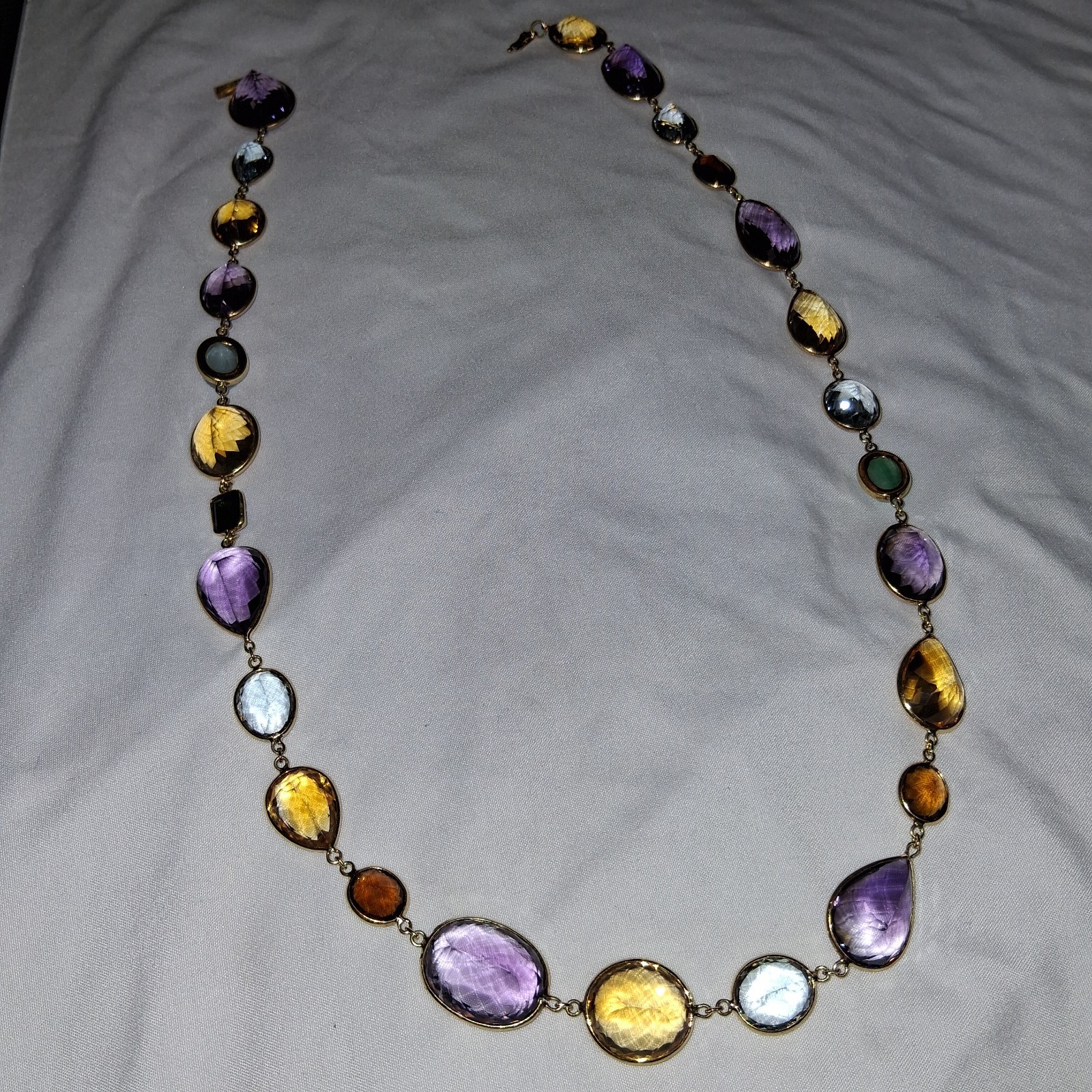 18k Yellow Gold multi color shape stone long necklace