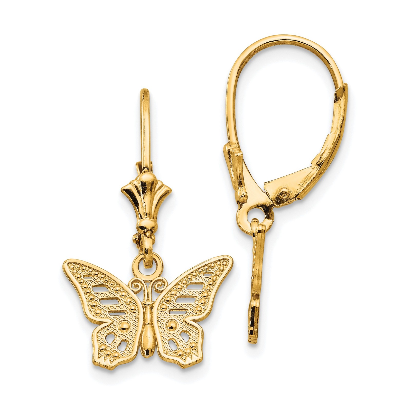 14k Yellow Gold Polished Butterfly Leverback Drop Dangle Earrings 26mm