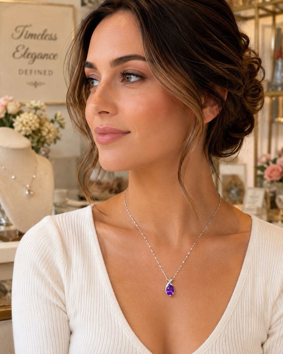 925 Sterling Silver Natural Amethyst Necklace Oval Pendant 18″ Bar Link