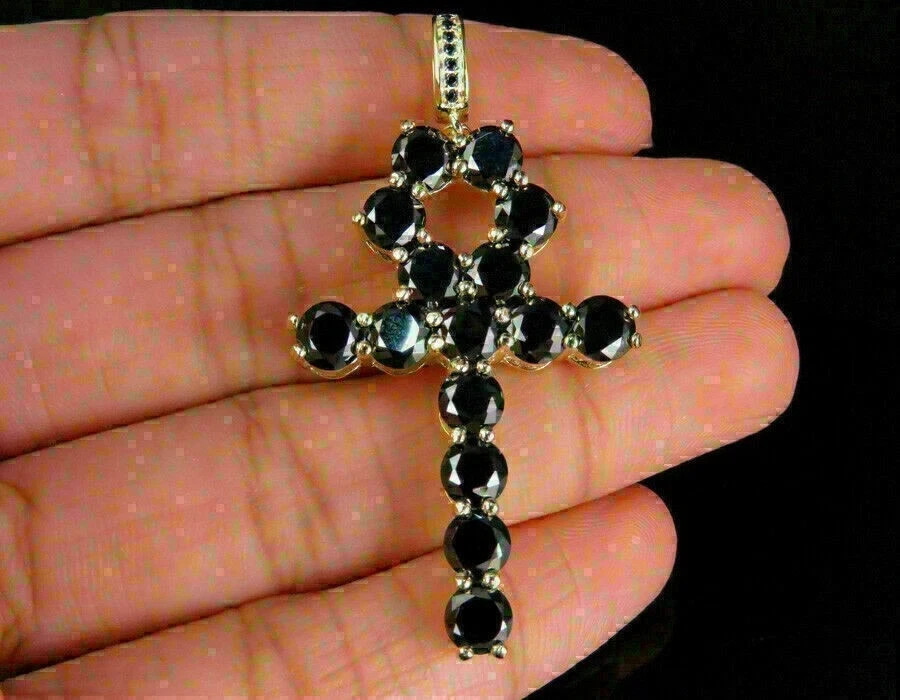 14K Yellow Gold Finish 1.50Ct Round Cut Black Diamond Ankh Cross Charm Pendant
