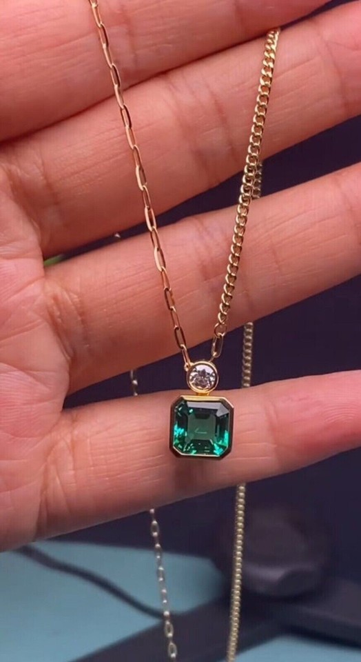2Ct Asscher Cut Lab-Created Emerald Solitaire Pendant 14K Yellow Gold Plated 18