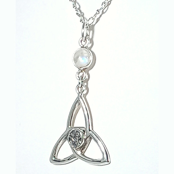 Vintage 925 Sterling Silver Wiccan Rainbow Moonstone Triquetra Pentacle Necklace