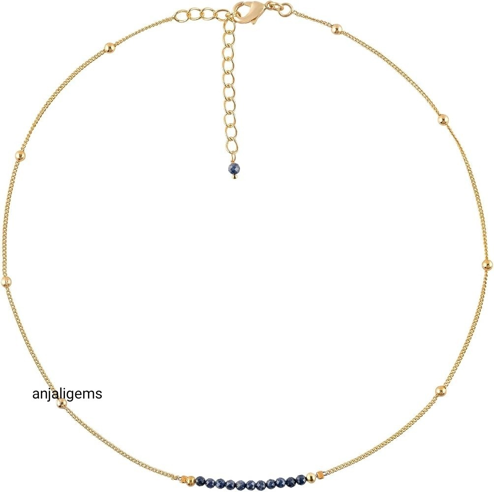 18K Yellow Gold Finished Over AA+ Blue Sapphire Beads Chain Necklace In925Silver