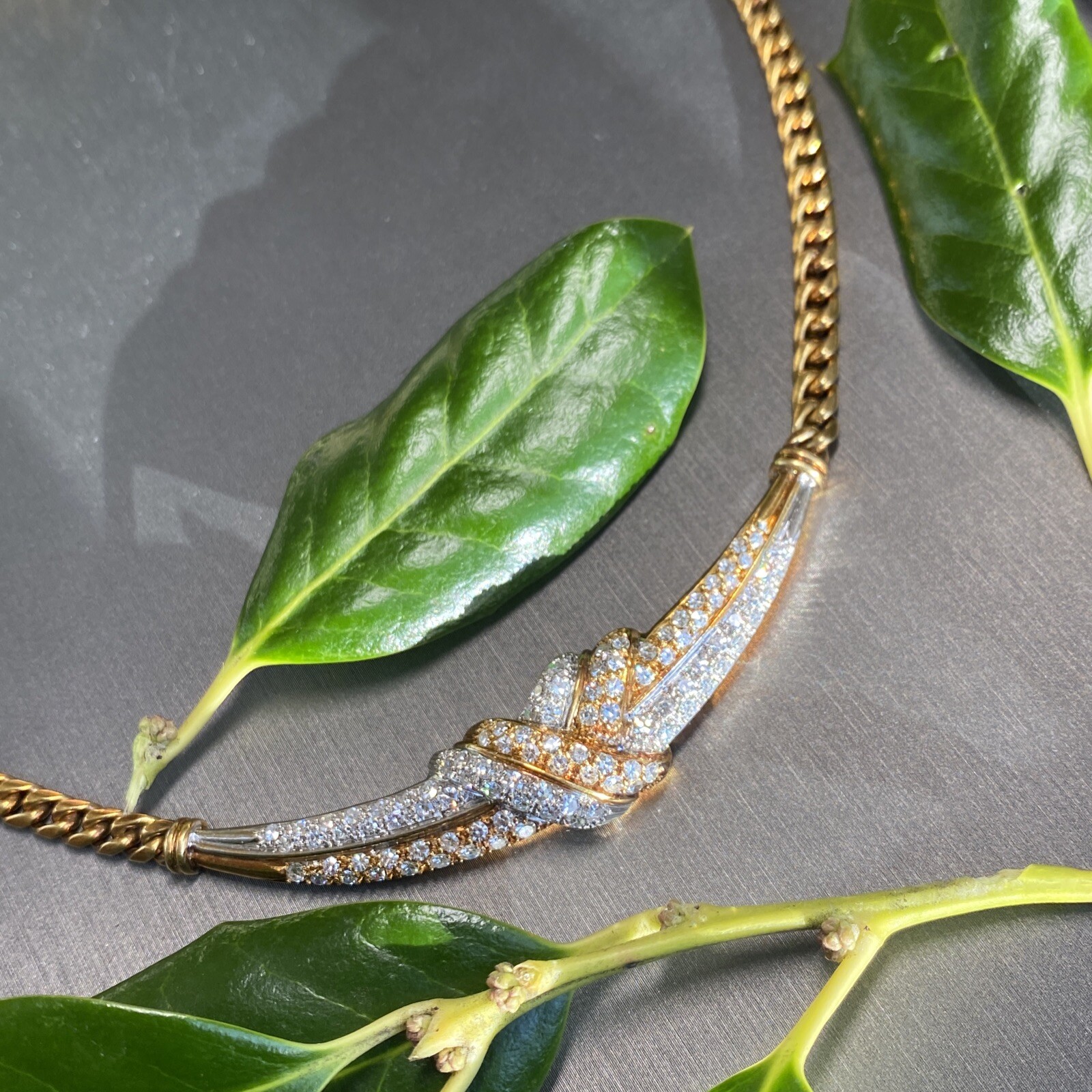 18K Yellow White Gold Diamond Love Knot X Crescent Vintage Cuban Chain Necklace